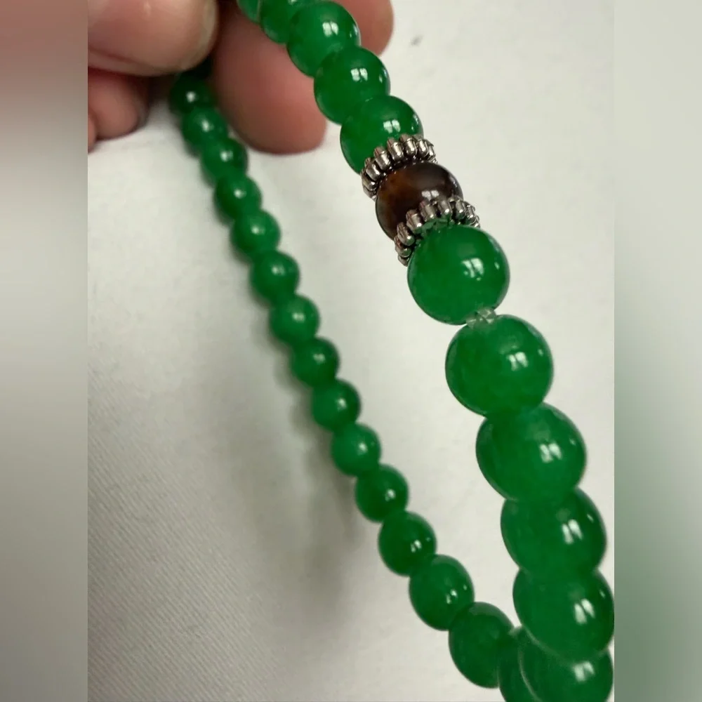 Jade / Tiger’s Eye Beaded Stretchy Bracelet with silver accents